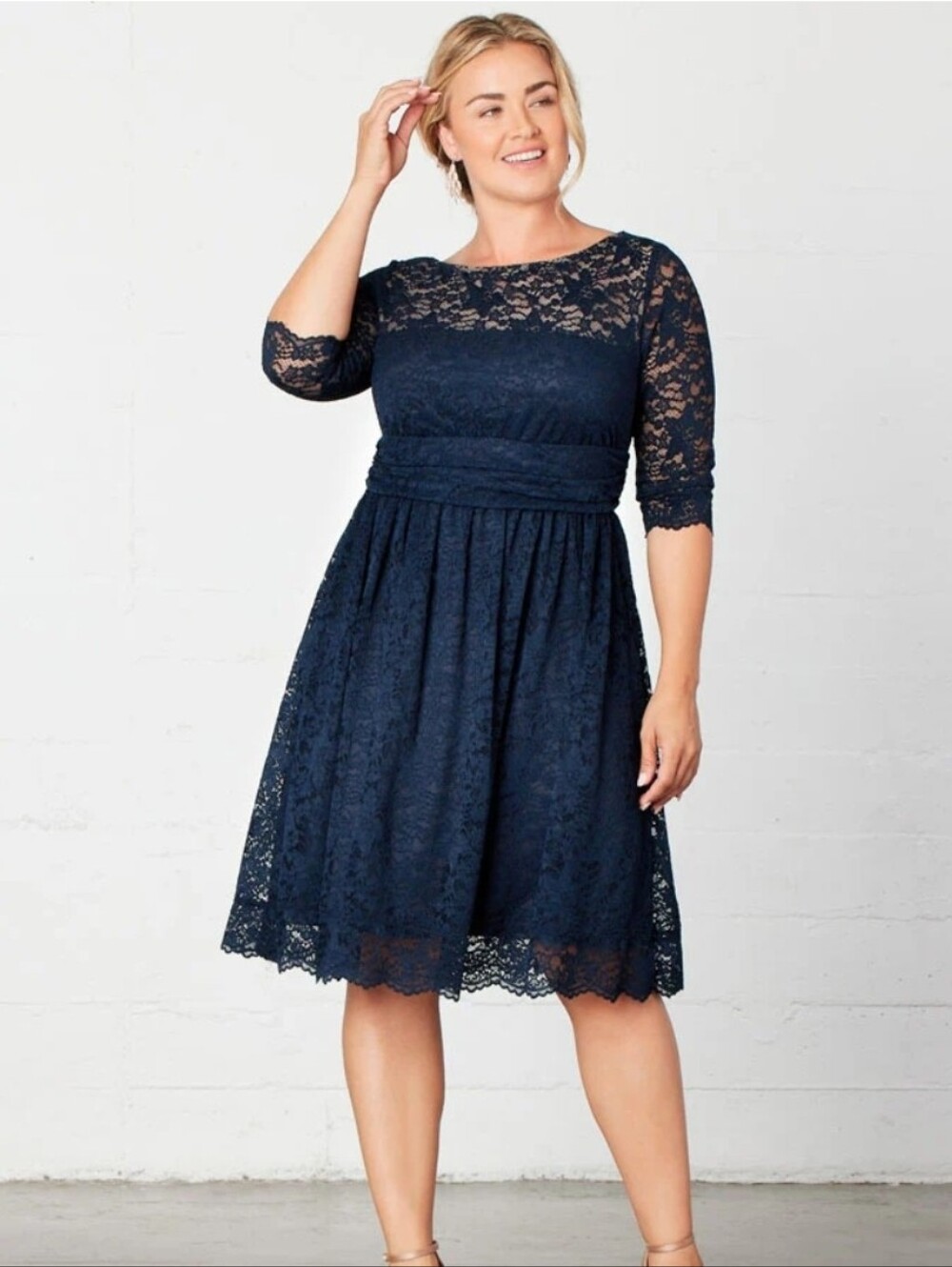 Kiyonna Navy Luna Lace Dress with Three-Quarter Sleeves